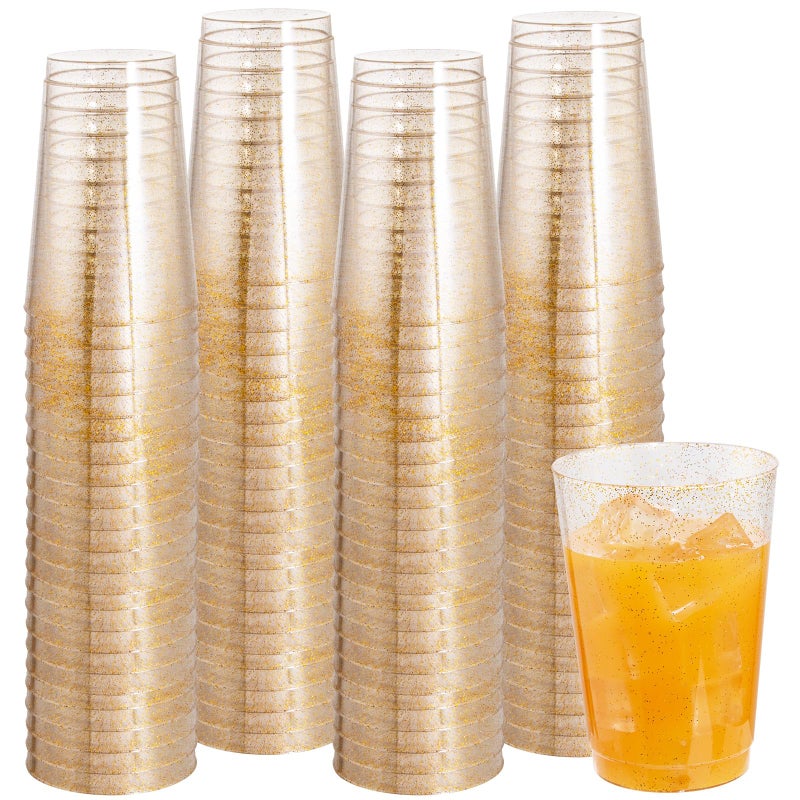 I00000 100 Pack 12 oz Gold Glitter Cups Clear Disposable Cups Gold Plastic Wine Glasses Cocktail Glasses Heavy Duty Cups 12 Ounce Glitter Plastic Tumblers for Party